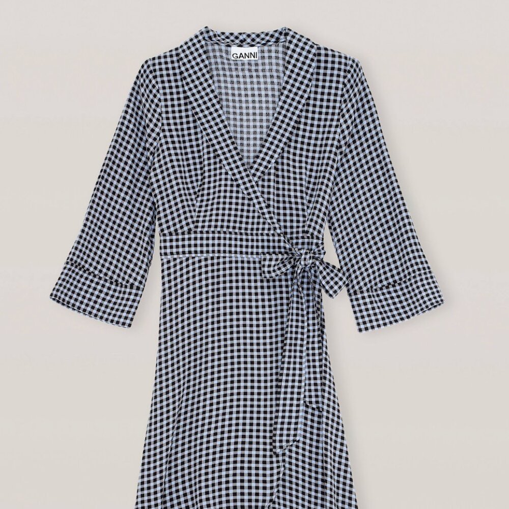 Ganni Wrap Dress Printed Crepe Brunnero Blue Sz 38